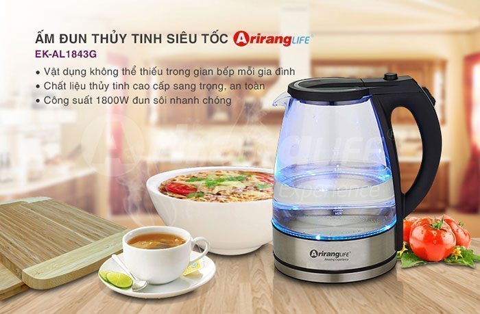 Ấm đun thủy tinh siêu tốc Arirang LIFE EK - AL1843G - Hàng chính hãng