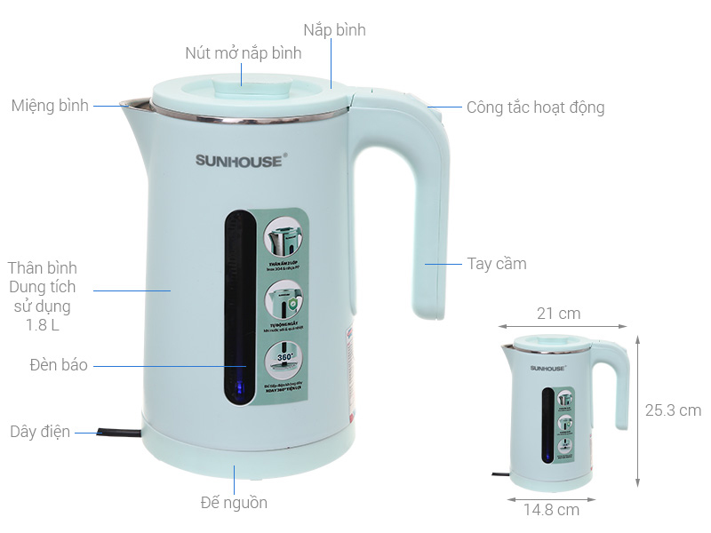 Bình đun siêu tốc Sunhouse SHD1351 ( 1.8 lít) - Hàng chính hãng