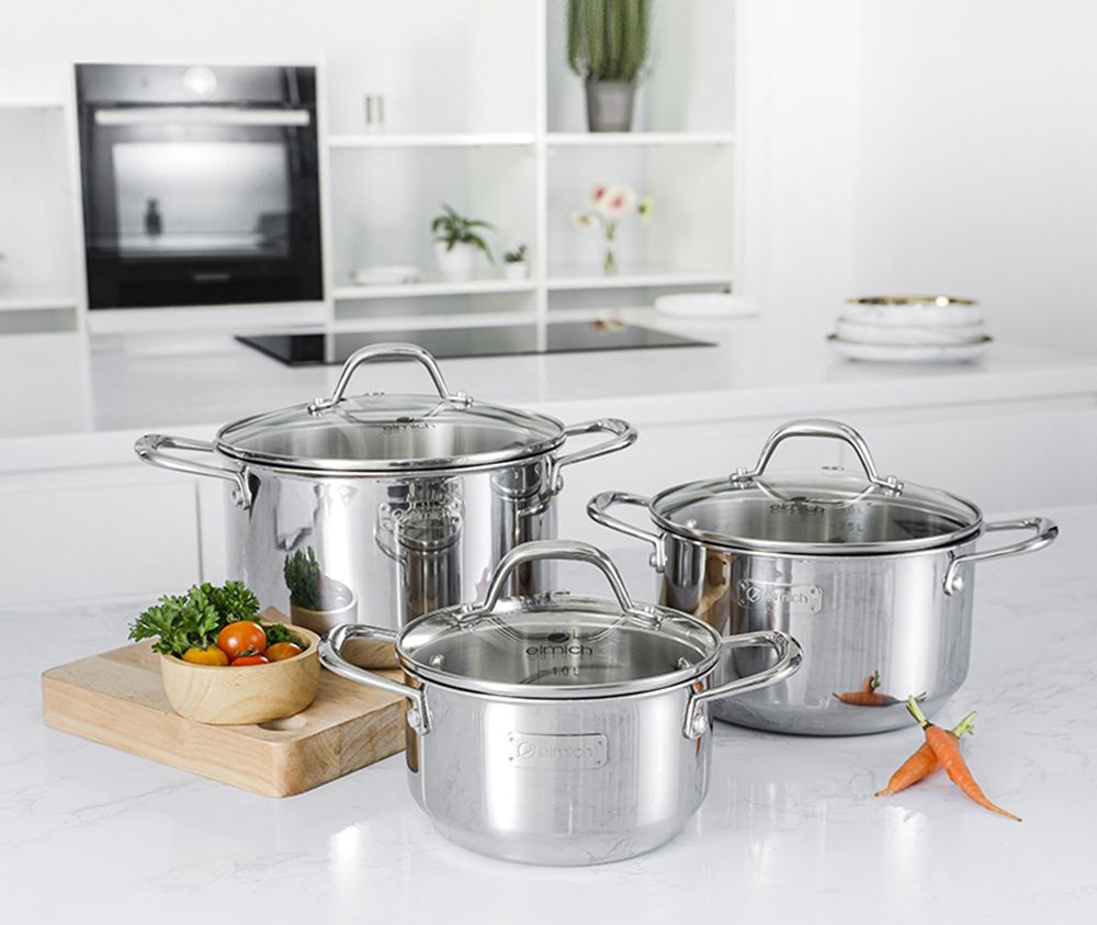 Bộ nồi inox liền khối Elmich Trimax EL-3833 size 16, 20, 22cm - Hàng chính hãng