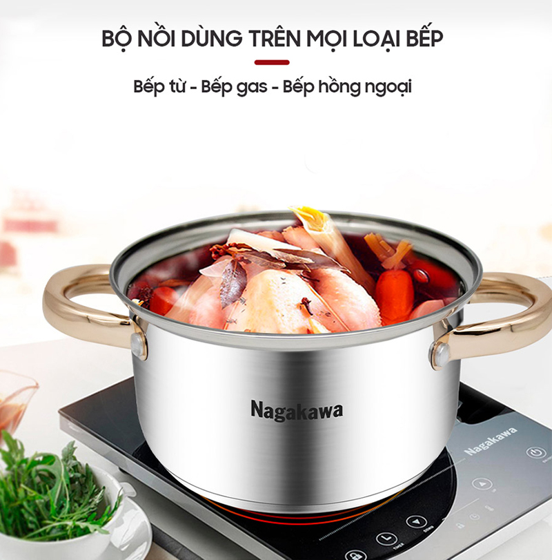 Bộ 3 nồi inox 4 đáy Nagakawa NAG1306 - Hàng chính hãng