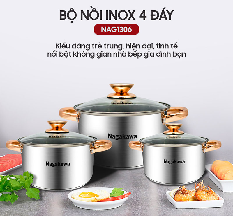Bộ 3 nồi inox 4 đáy Nagakawa NAG1306 - Hàng chính hãng