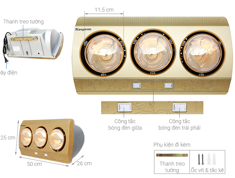 Đèn sưởi nhà tắm Kangaroo KG3BH01 - Hàng chính hãng