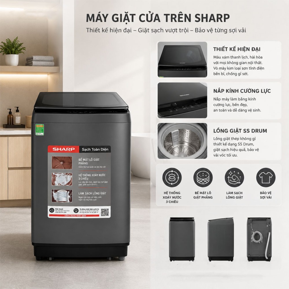 Máy giặt Sharp 12.5 kg ES-TM125CN-MR - Hàng chính hãng