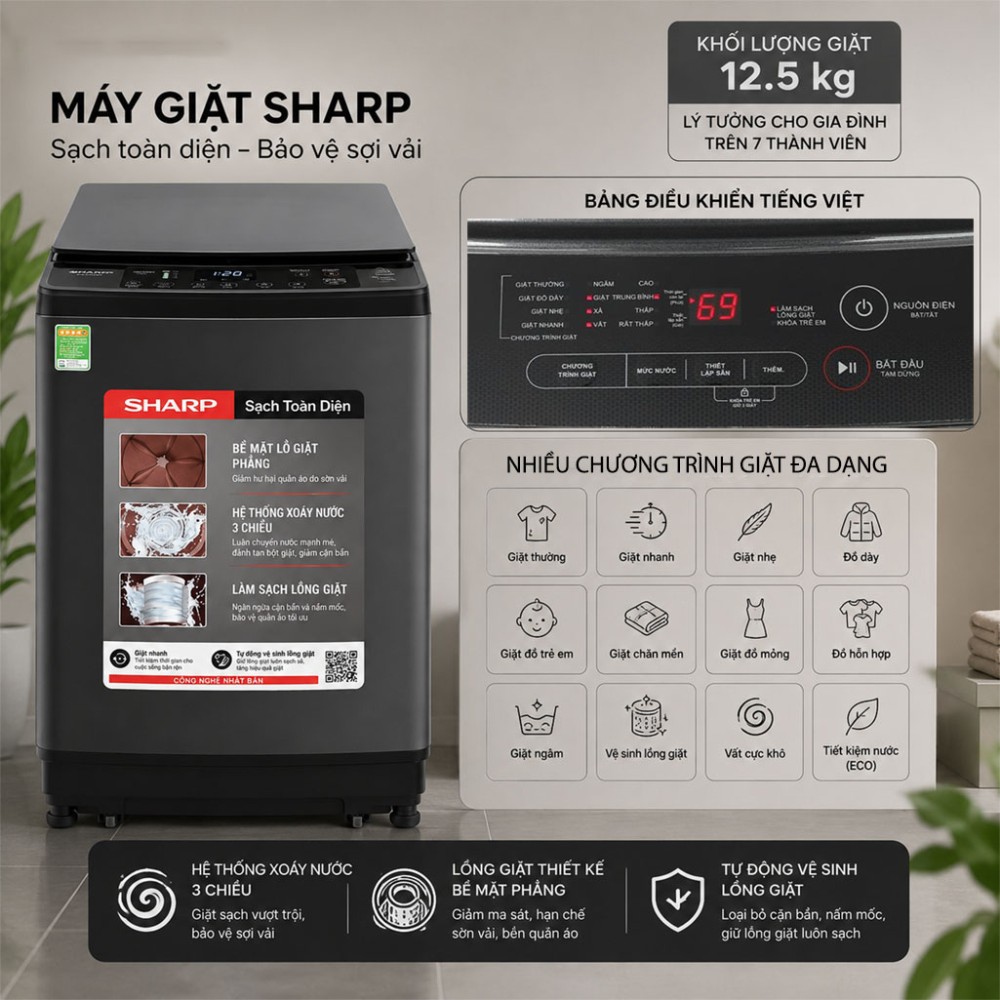 Máy giặt Sharp 12.5 kg ES-TM125CN-MR - Hàng chính hãng