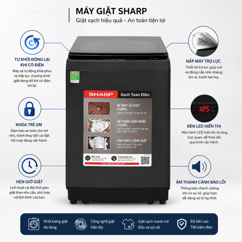Máy giặt Sharp 12.5 kg ES-TM125CN-MR - Hàng chính hãng