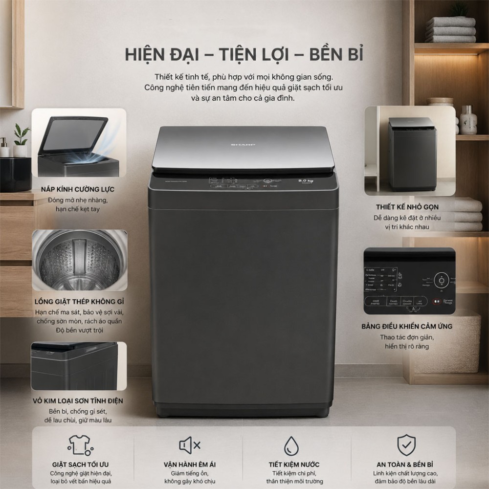 Máy giặt Sharp 9kg ES-Y90HV-S - Hàng chính hãng