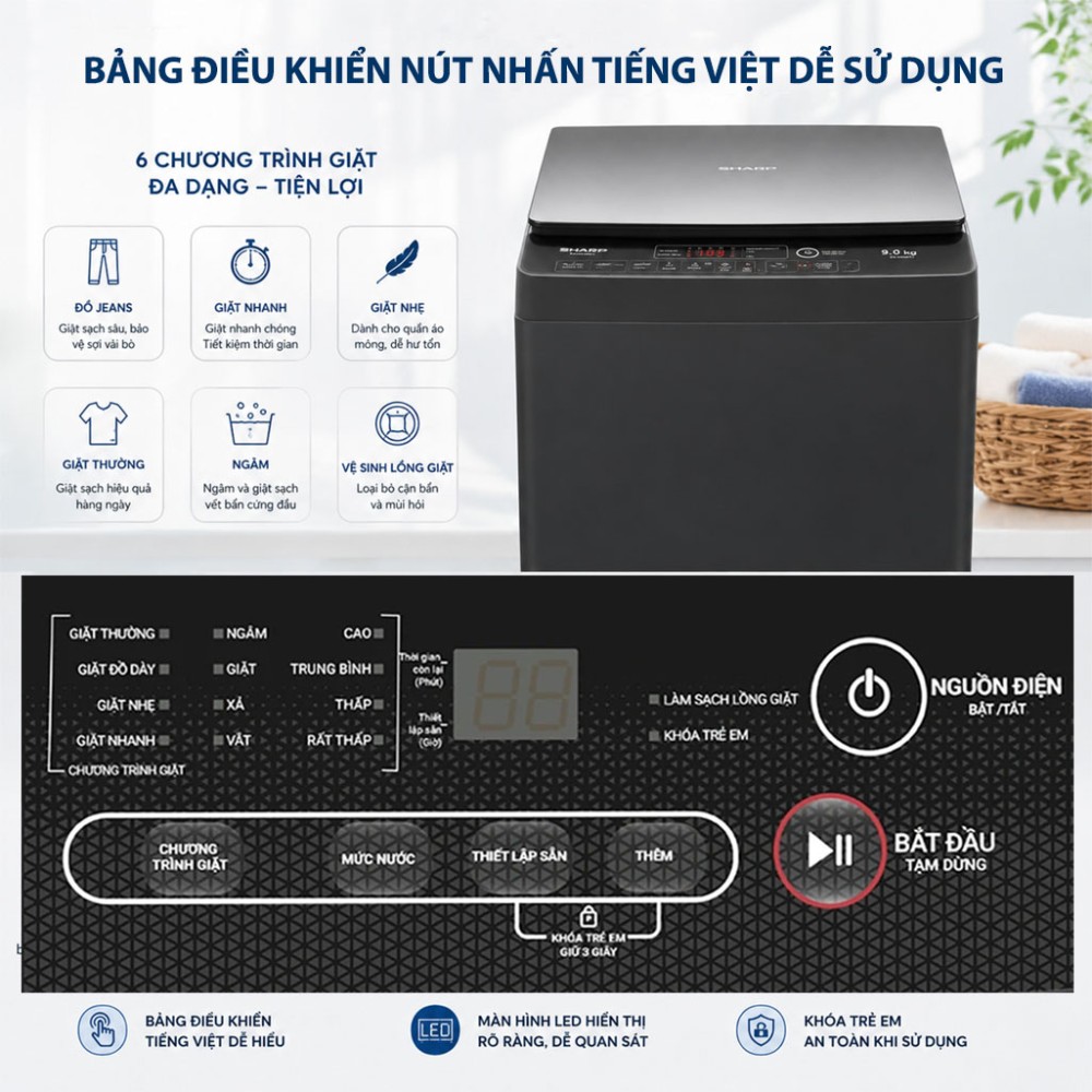 Máy giặt Sharp 9kg ES-Y90HV-S - Hàng chính hãng