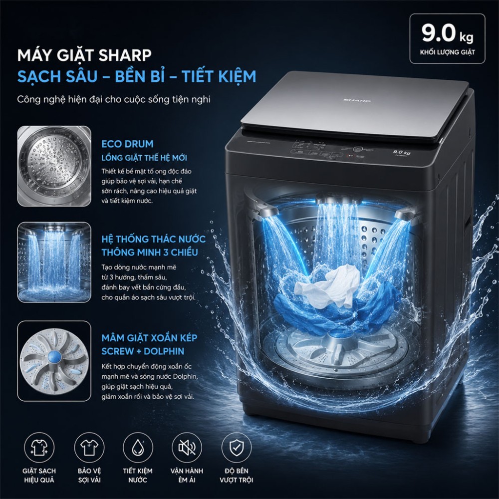 Máy giặt Sharp 9kg ES-Y90HV-S - Hàng chính hãng