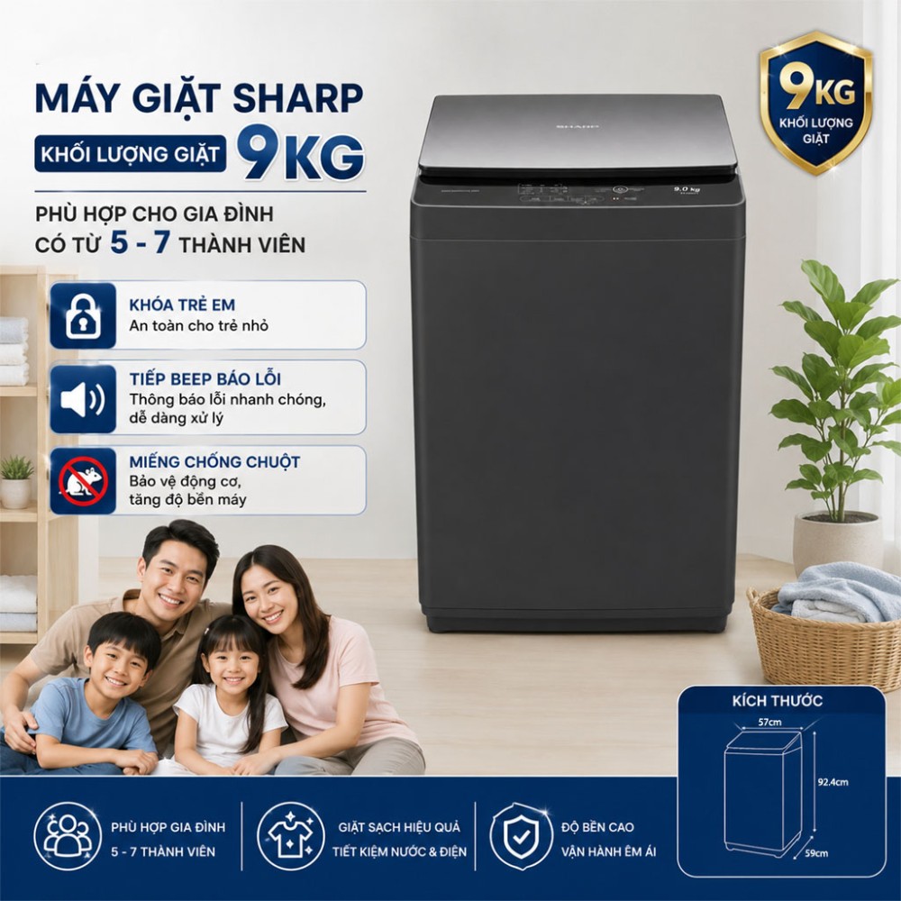 Máy giặt Sharp 9kg ES-Y90HV-S - Hàng chính hãng