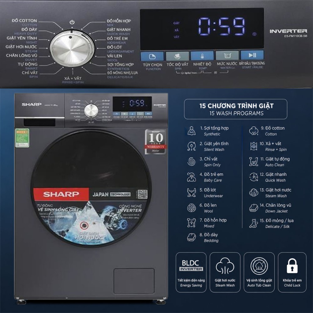 Máy giặt Sharp Inverter 11 kg ES-FM110CB-SB - Hàng chính hãng