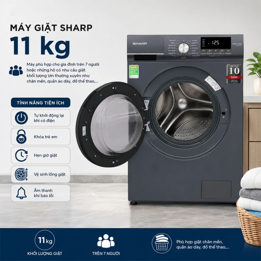 Máy giặt Sharp Inverter 11 kg ES-FM110CB-SB - Hàng chính hãng