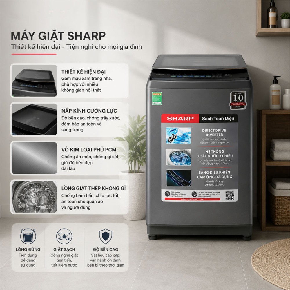 Máy giặt Sharp Inverter 11 kg ES-TM110CD-DS - Hàng chính hãng