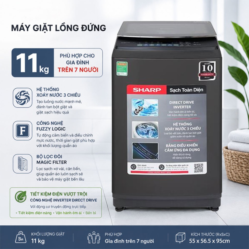Máy giặt Sharp Inverter 11 kg ES-TM110CD-DS - Hàng chính hãng