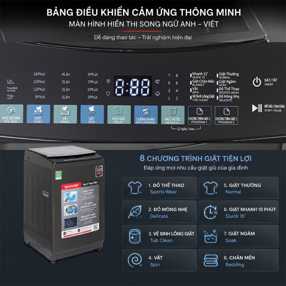Máy giặt Sharp Inverter 11 kg ES-TM110CD-DS - Hàng chính hãng