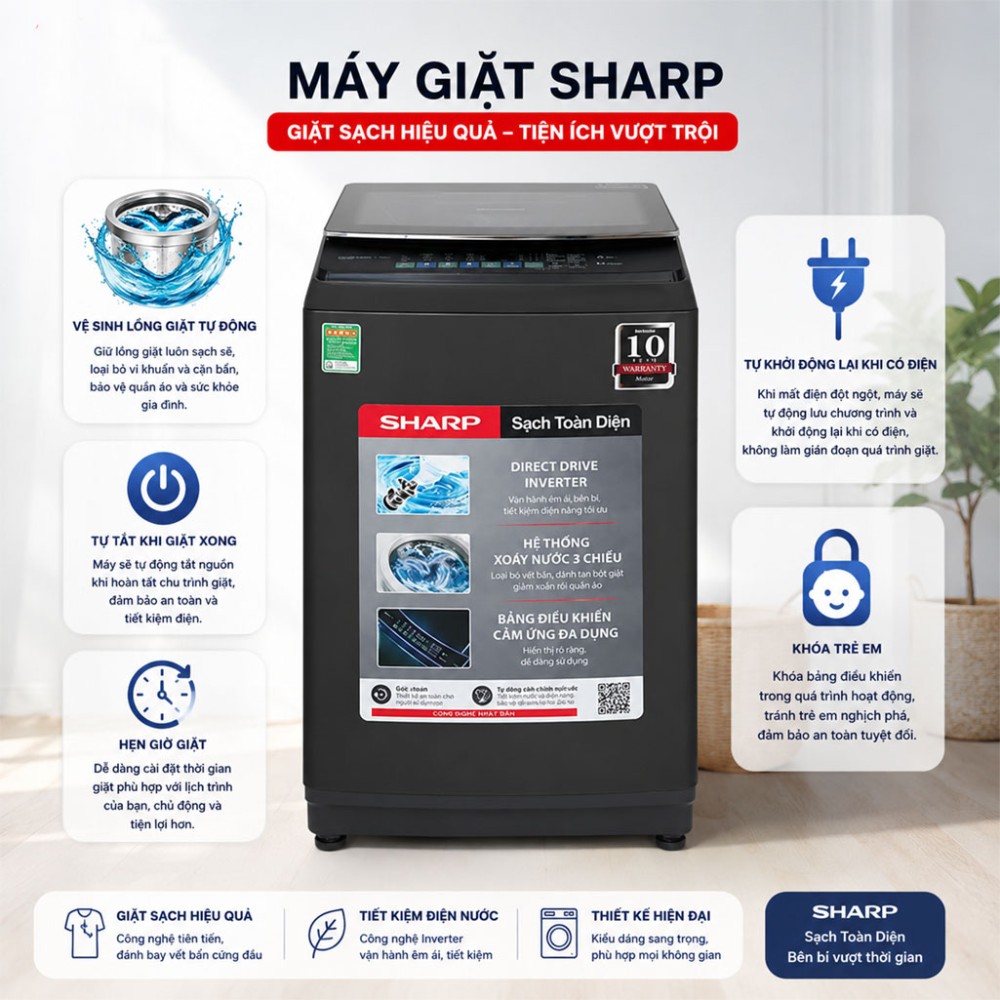 Máy giặt Sharp Inverter 11 kg ES-TM110CD-DS - Hàng chính hãng