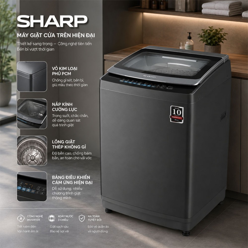 Máy giặt Sharp Inverter 13 kg ES-TM130CD-DS - Hàng chính hãng