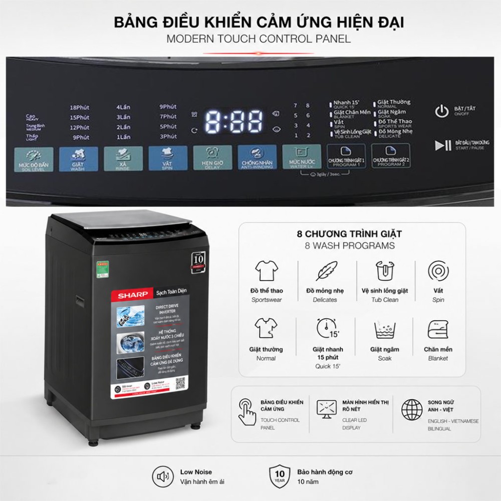 Máy giặt Sharp Inverter 13 kg ES-TM130CD-DS - Hàng chính hãng