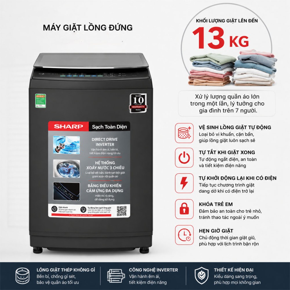 Máy giặt Sharp Inverter 13 kg ES-TM130CD-DS - Hàng chính hãng