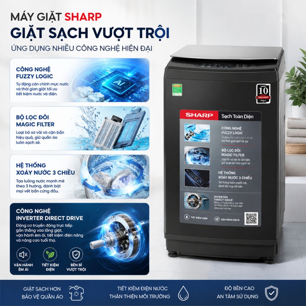Máy giặt Sharp Inverter 13 kg ES-TM130CD-DS - Hàng chính hãng