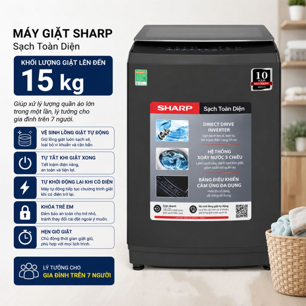 Máy giặt Sharp Inverter 15 kg ES-TM150CD-DS - Hàng chính hãng