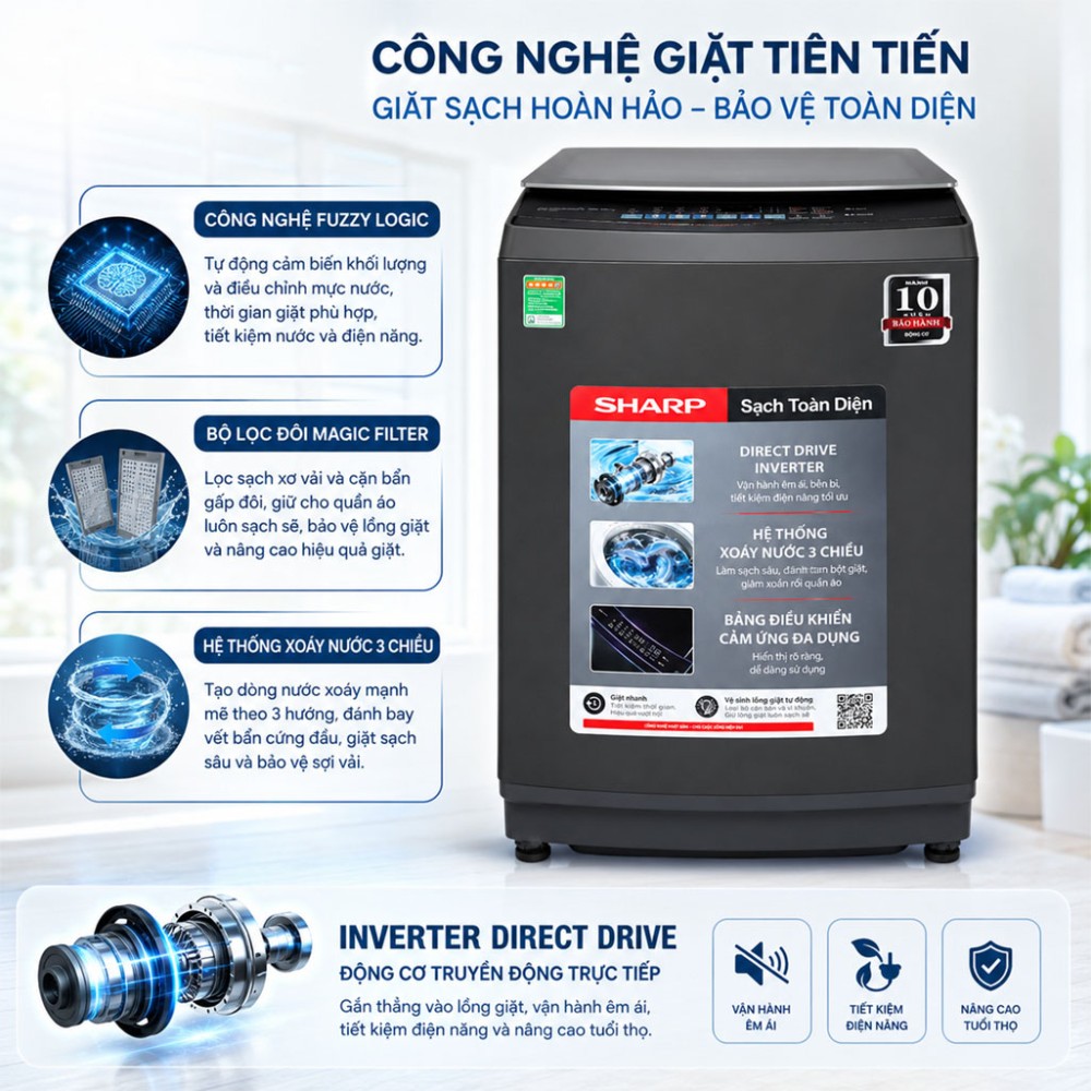 Máy giặt Sharp Inverter 15 kg ES-TM150CD-DS - Hàng chính hãng