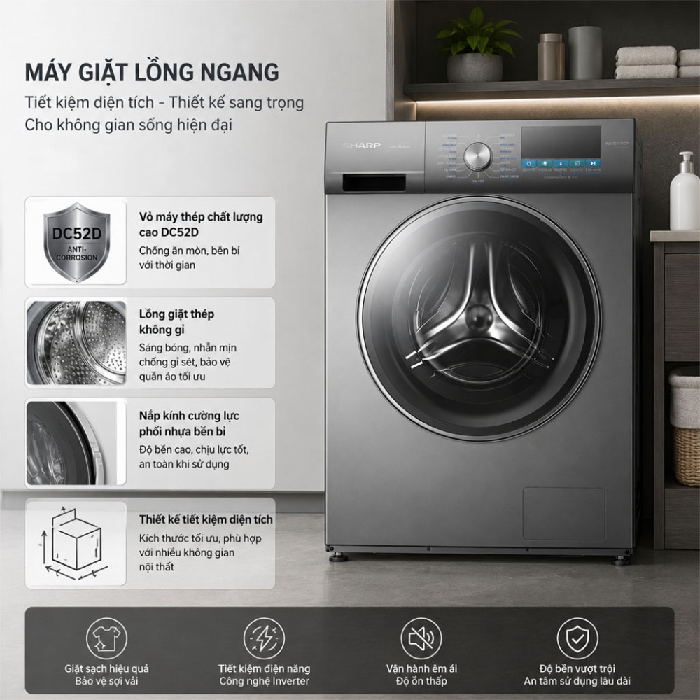 Máy giặt Sharp Inverter 9kg ES-FM90CB-DG - Hàng chính hãng