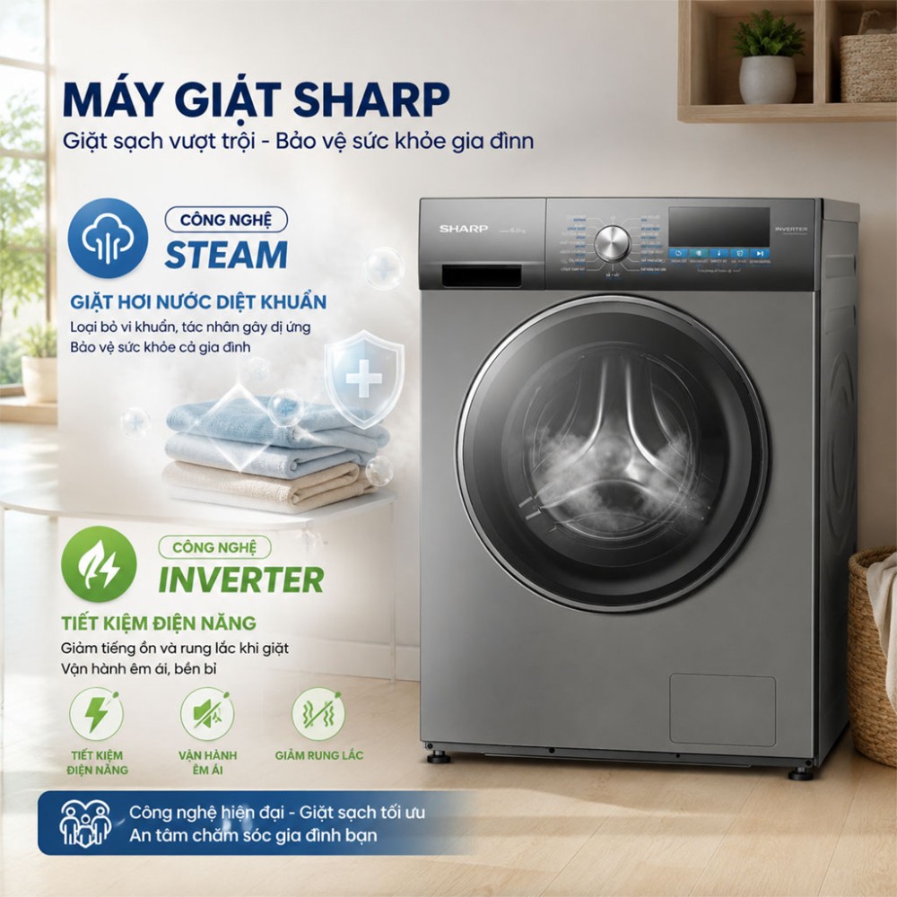 Máy giặt Sharp Inverter 9kg ES-FM90CB-DG - Hàng chính hãng