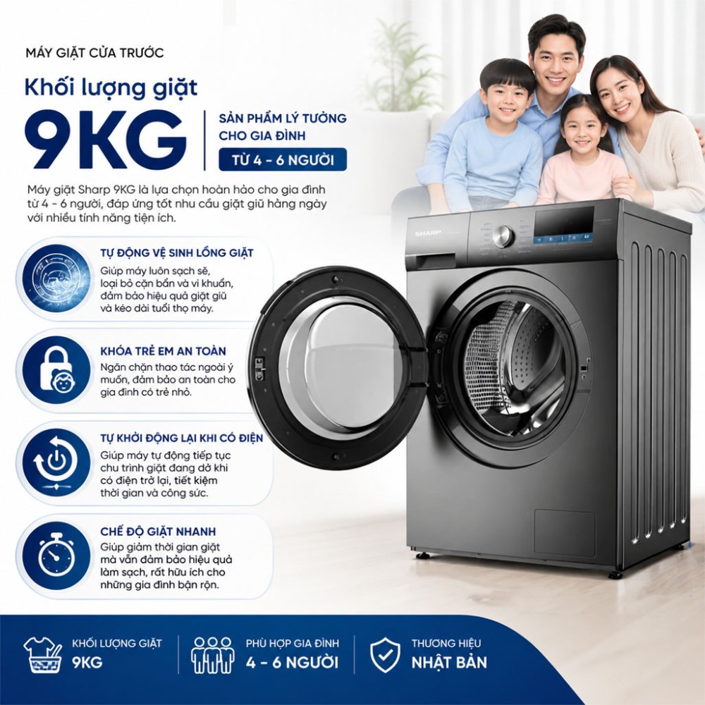 Máy giặt Sharp Inverter 9kg ES-FM90CB-DG - Hàng chính hãng