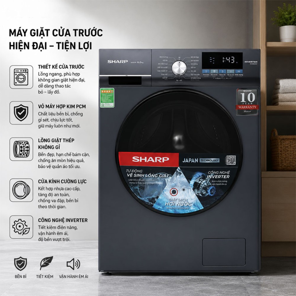 Máy giặt Sharp Inverter 9 kg ES-FM90CB-SB - Hàng chính hãng