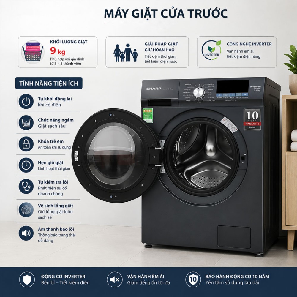 Máy giặt Sharp Inverter 9 kg ES-FM90CB-SB - Hàng chính hãng