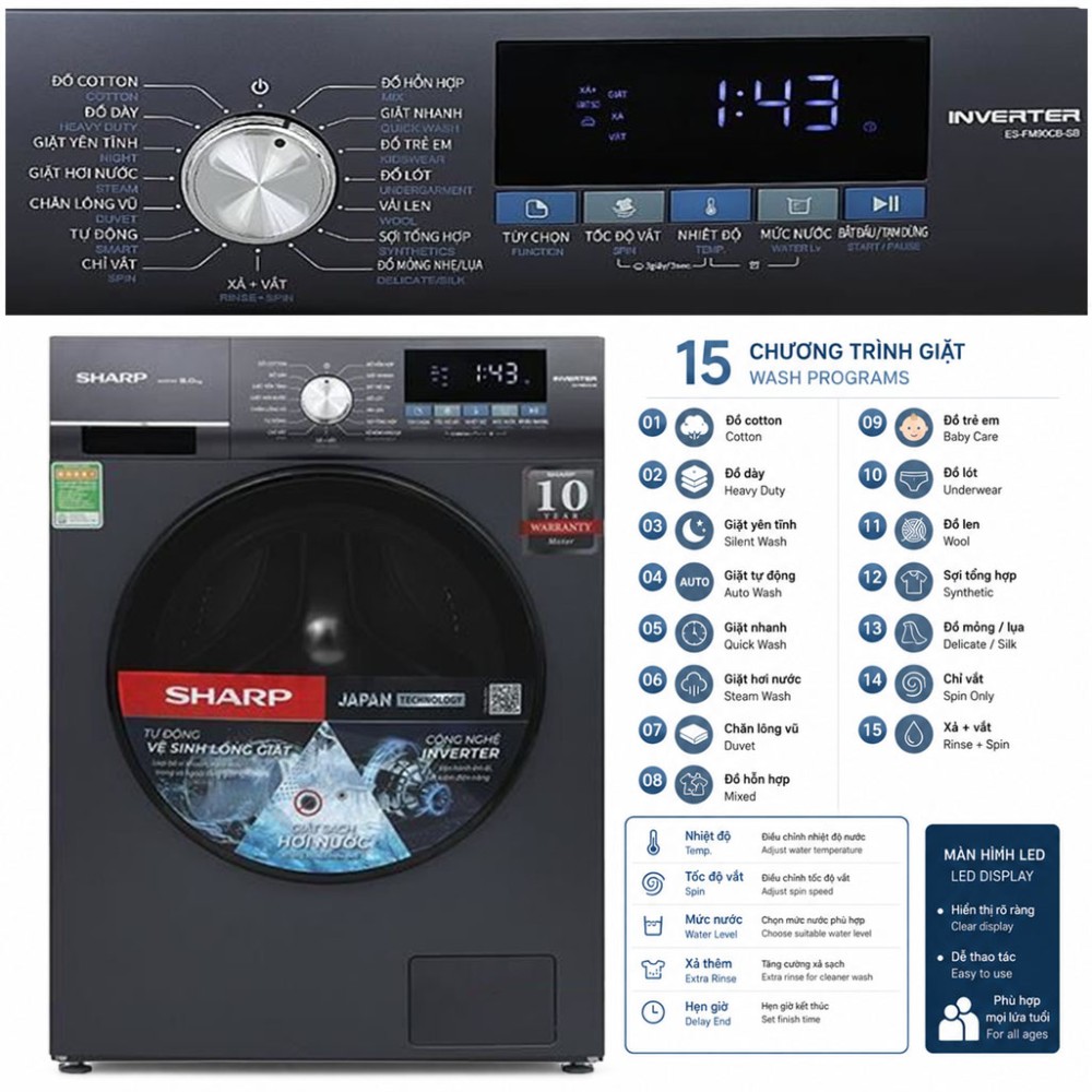 Máy giặt Sharp Inverter 9 kg ES-FM90CB-SB - Hàng chính hãng