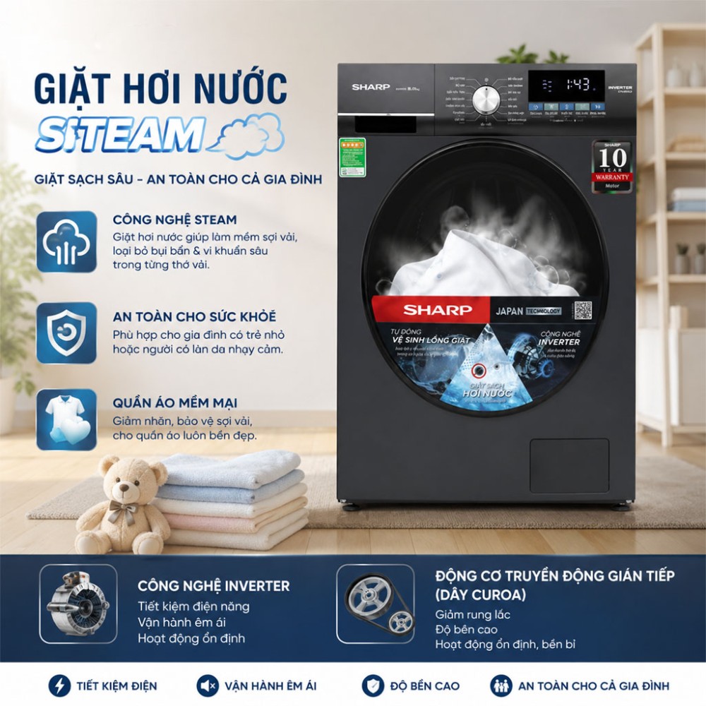 Máy giặt Sharp Inverter 9 kg ES-FM90CB-SB - Hàng chính hãng