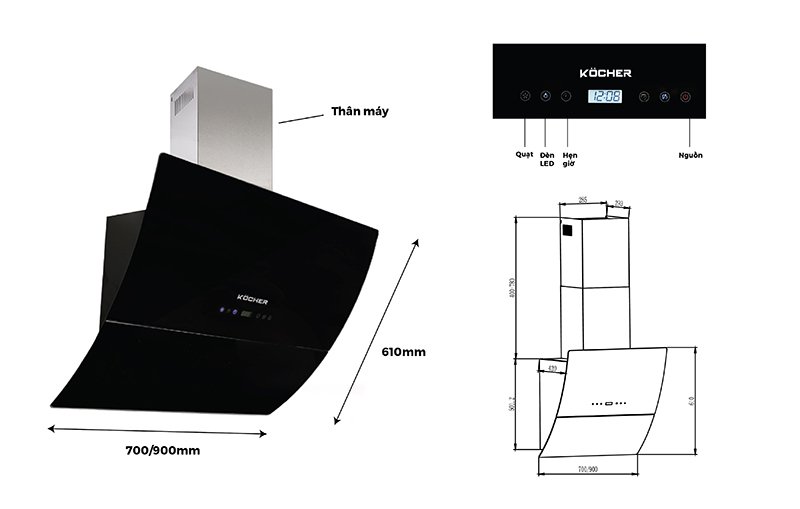 Máy hút mùi áp tường Kocher K-2080E-70 - Hàng chính hãng