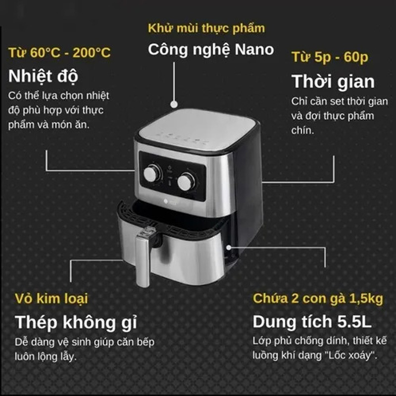 Nồi chiên không dầu Lotte LTS-AF5SM (5.5 lít) - Hàng chính hãng