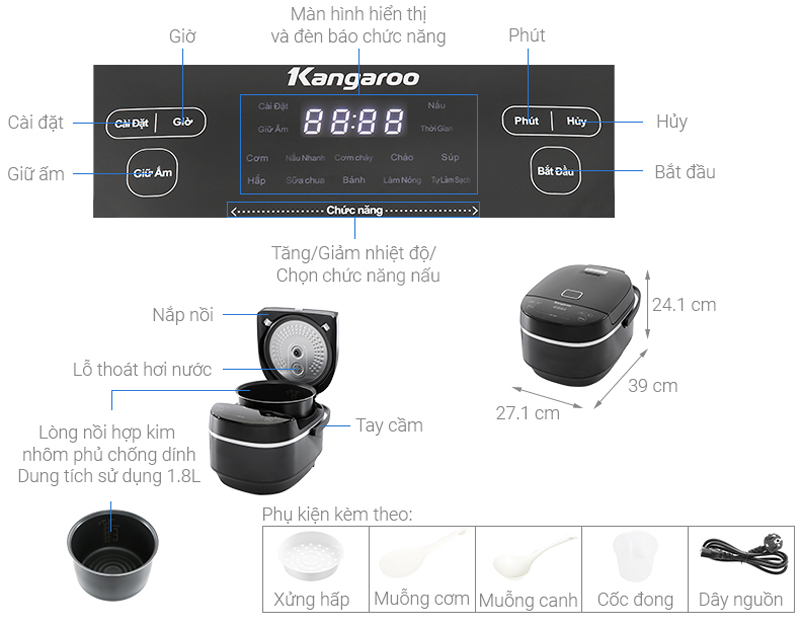 Nồi cơm điện cao tần Kangaroo KG18RIH1 - Hàng chính hãng