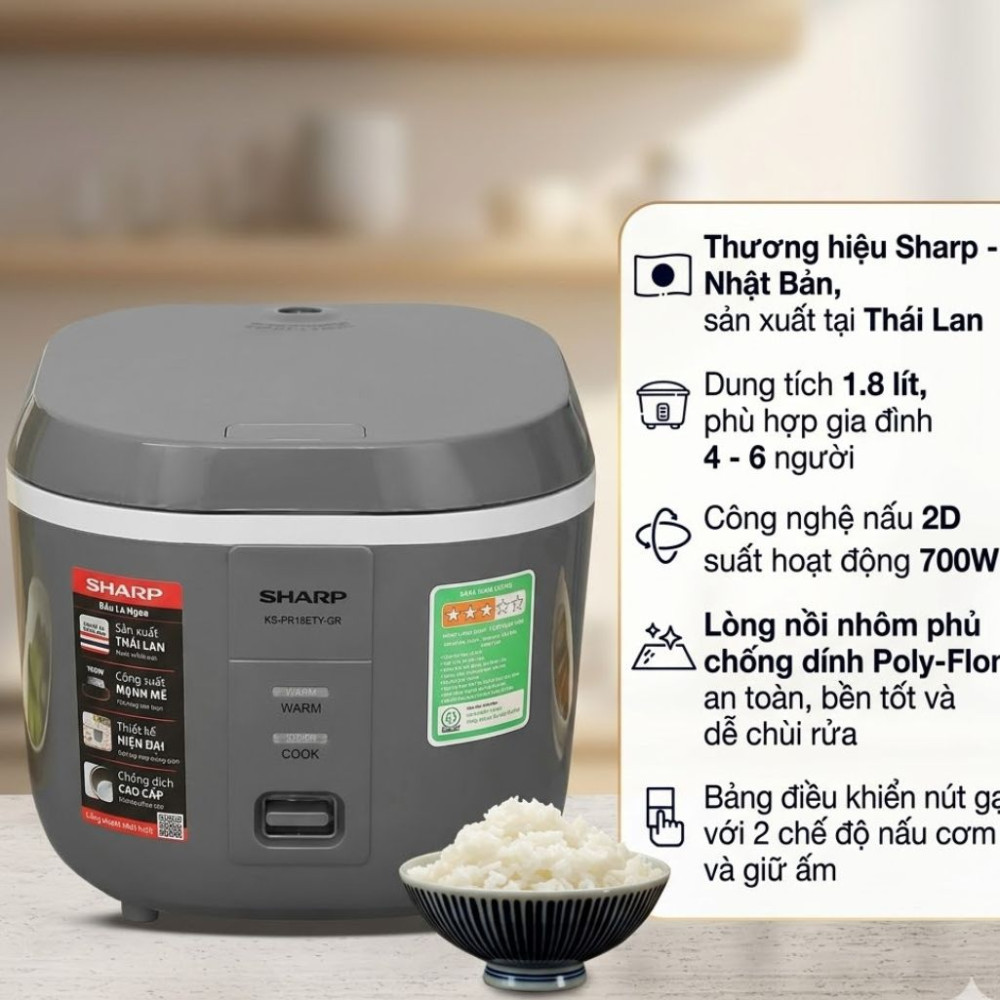 Nồi cơm nắp gài Sharp 1.8 lít KS-PR19ETV-GR - Hàng chính hãng