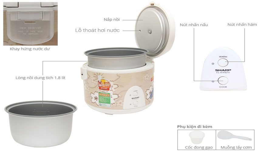 Nồi cơm điện nắp gài Sharp KS-N191ETV-SB - Hàng chính hãng