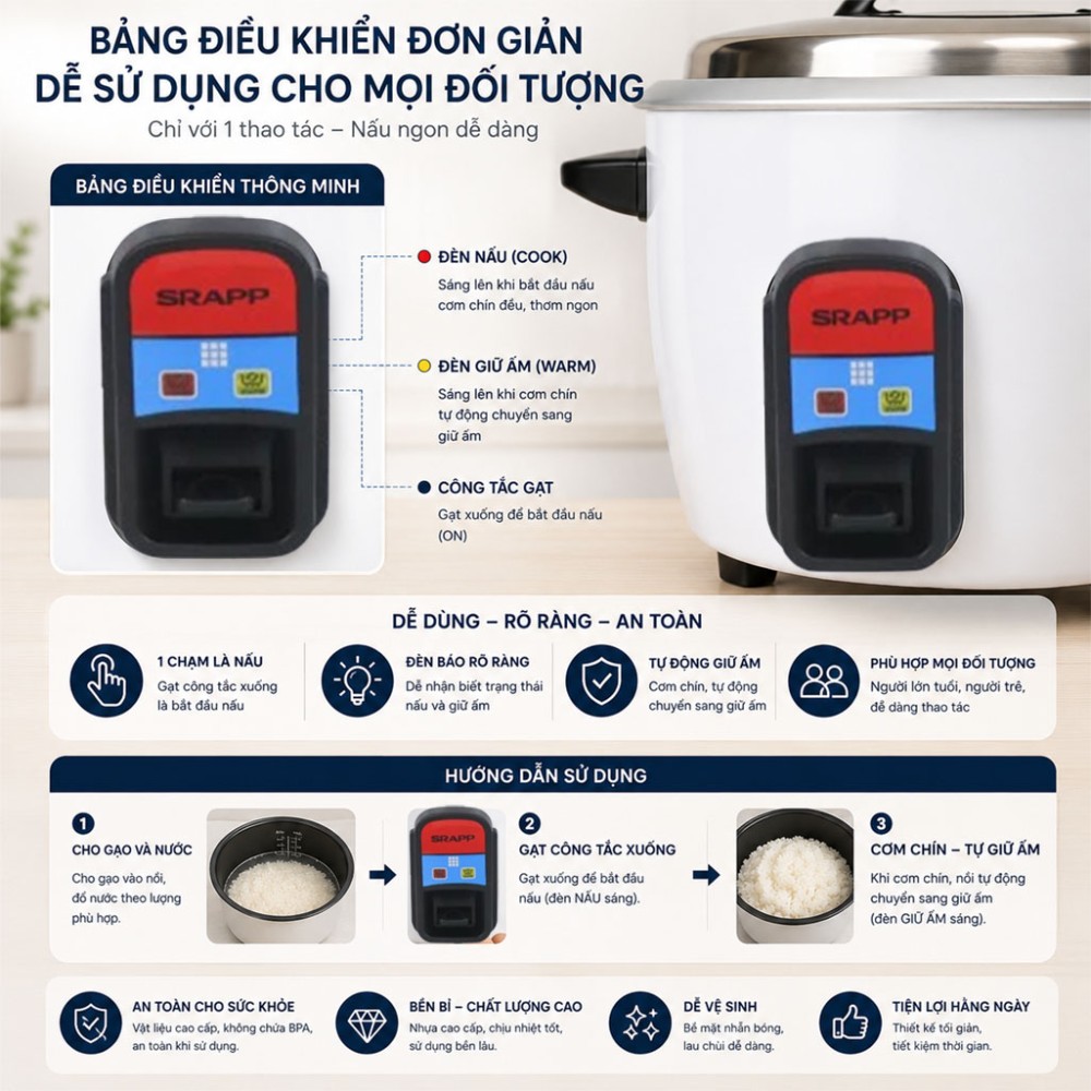 Nồi cơm điện nắp rời SRAPP SH-1688 - Hàng chính hãng