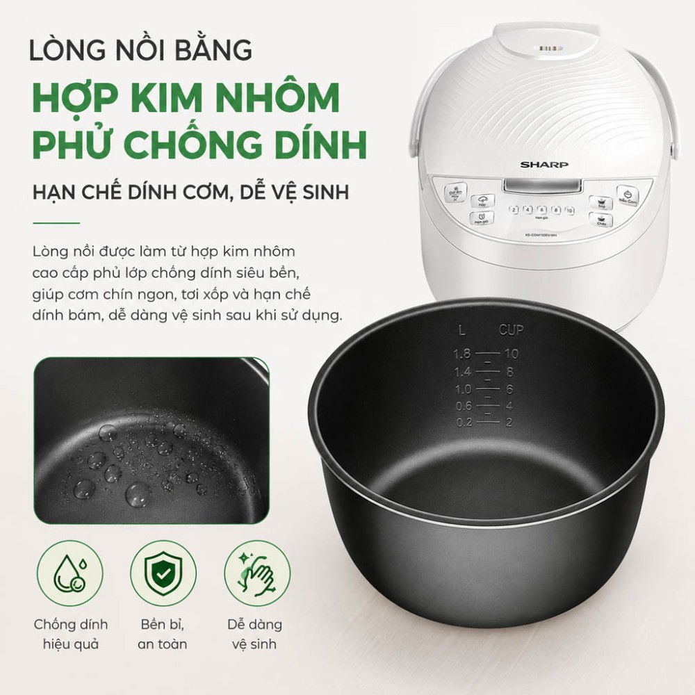Nồi cơm điện tử Sharp 1.5 lít KS-COM150EV-WH - Hàng chính hãng