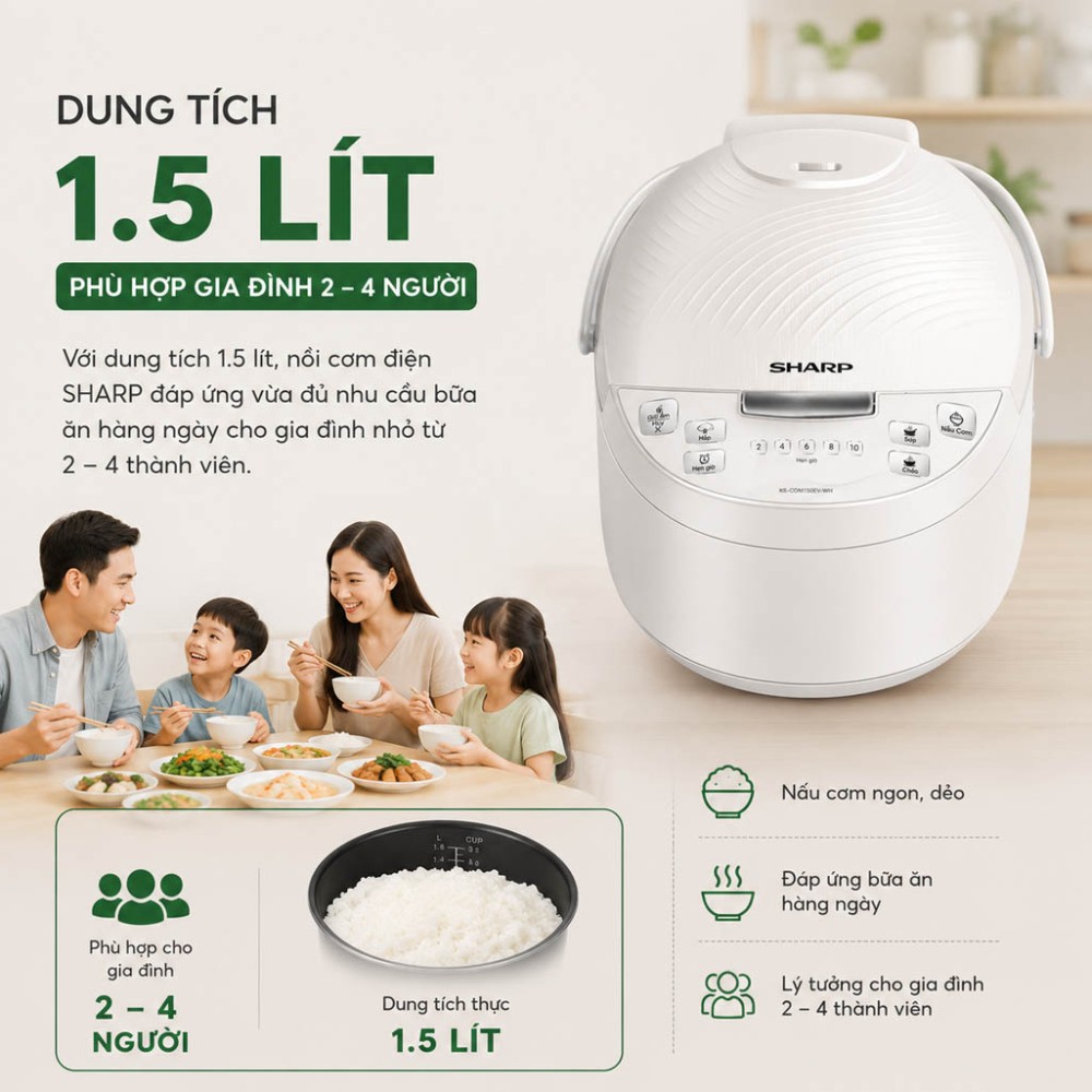 Nồi cơm điện tử Sharp 1.5 lít KS-COM150EV-WH - Hàng chính hãng
