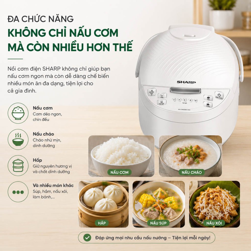 Nồi cơm điện tử Sharp 1.5 lít KS-COM150EV-WH - Hàng chính hãng