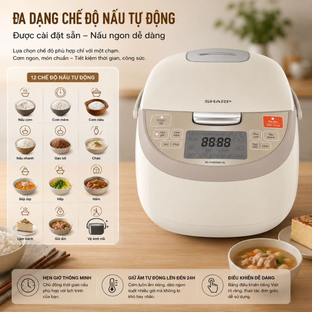 Nồi cơm điện tử Sharp 1.8 lít KS-COM193EV-GL - Hàng chính hãng