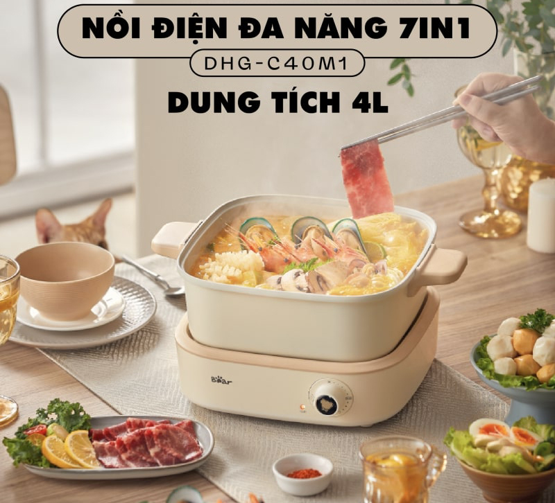 Nồi lẩu điện đa năng 7 in 1 Bear DHG-C40M1 - Hàng chính hãng