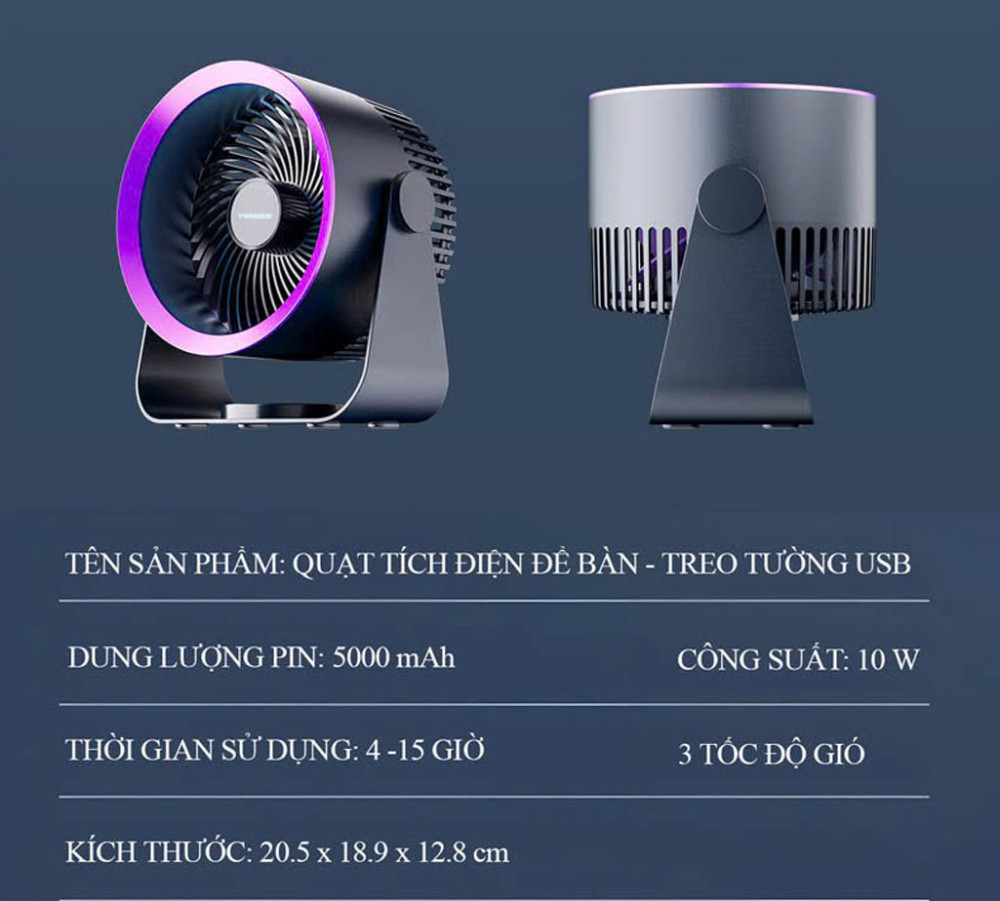 Quạt sạc để bàn USB Tiross TS3420 - Hàng chính hãng