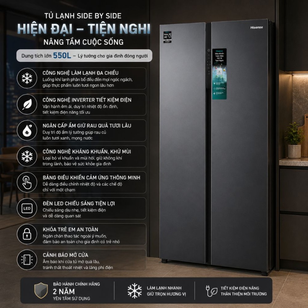 Tủ lạnh Hisense Inverter 550 lít Side By Side RS708N4EBND - Hàng chính hãng